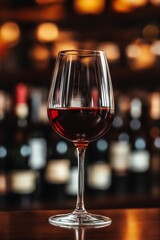 A glass filled with red wine stands out against a warm backdrop.