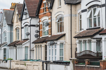 Row of unsightly English terraced houses in Harringay, London, UK