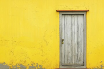 An aged yellow wall featuring a rustic wooden door that enhances its vintage appeal.