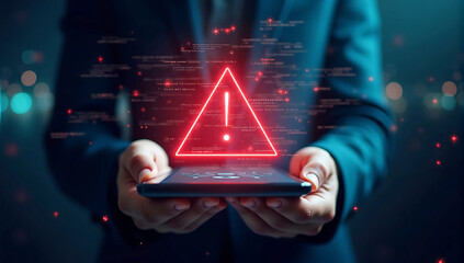Close up of male hands using cellphone and tablet with glowing red attention sign, Cybersecurity threat, mobile phone hacking, digital warning sign, red triangle alert, binary code overlay