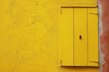 A rustic wooden shutter set against a bright yellow wall, embodying vintage charm and simplicity.