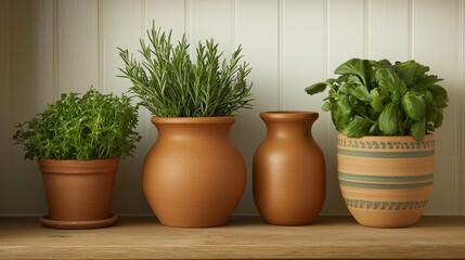 Fototapeta premium Tranquil Herb Garden Rosemary Thyme Basil in Terracotta Pots