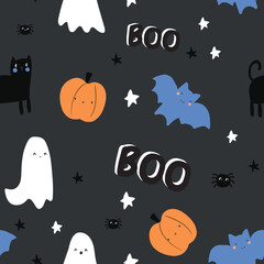 Cute colorful halloween pumpkin ghost bat star halloween cat witch  seamless print pattern graphic tee design for kids market as vector
