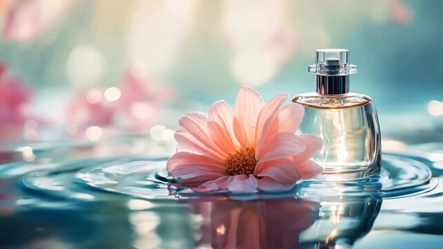 Scented floral perfume bottle on reflective rippling water surface composition with a delicate pink flower. Elegant fragrance advertisement, promotion motion graphics. High end cologne display.