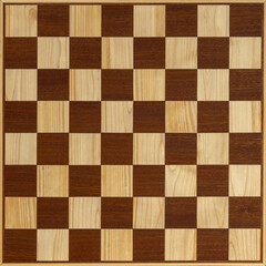 Empty wooden chessboard with alternating brown and beige squares ready for playing