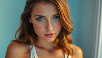 Fototapeta premium Portrait of a Young, Attractive Model in a Photostudio, Featuring Light Makeup and Fashionable Hairstyle