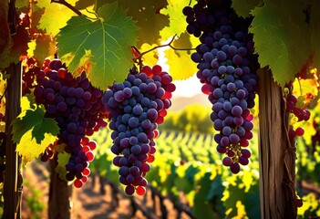 Naklejka premium lush grapes under radiant sunlight vibrant vineyard surrounded green foliage vibrant colors, abundant, agriculture, crops, cultivated, estate, forests