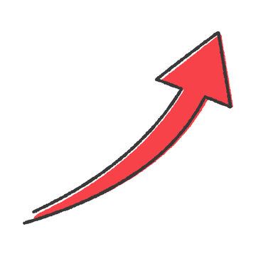 recommend clip art: 右肩上がりにカーブしている赤い矢印の手書きイラスト - シンプルなアップや増加のイメージ素材