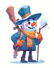 Snowman with broom and hat isolated on white background