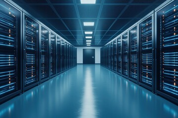Fototapeta premium Inside a modern data center with rows of illuminated server racks and a sleek design, showcasing technology and infrastructure