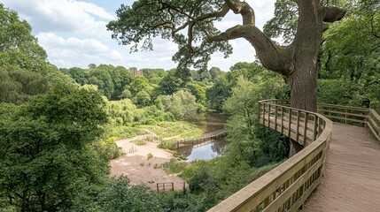 Elevated Wooden Walkway Overlooking Serene Forest Pond and Distant Building