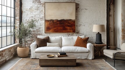 Rustic Living Room Interior Design with Exposed Brick Walls, Comfortable Sofa, and Abstract Art