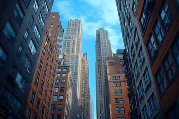 Upward View Professional Man Commutes Past Brick Skyscrapers