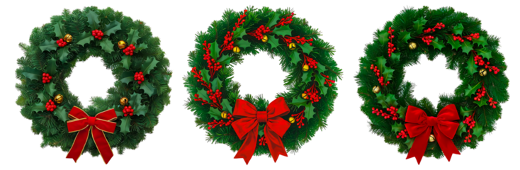 set of circular Christmas wreath made of evergreen branches isolated on a transparent background