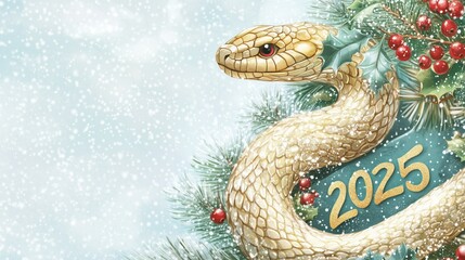 Fototapeta premium A festive serpent entwined with holly and a 2025 sign, celebrating the holiday season in a winter wonderland, copy space.