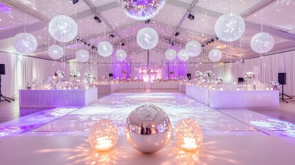 Elegant wedding reception venue, shimmering lights, and dance floor