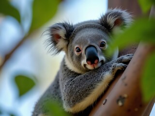 Obraz premium Close-Up of Koala Nestled in Eucalyptus Tree
