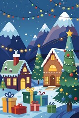 Festive Christmas village scene with decorated trees and presents
