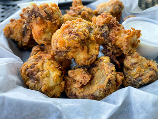 Fried Mushrooms In A Basket With Ranch Dipping Sauce