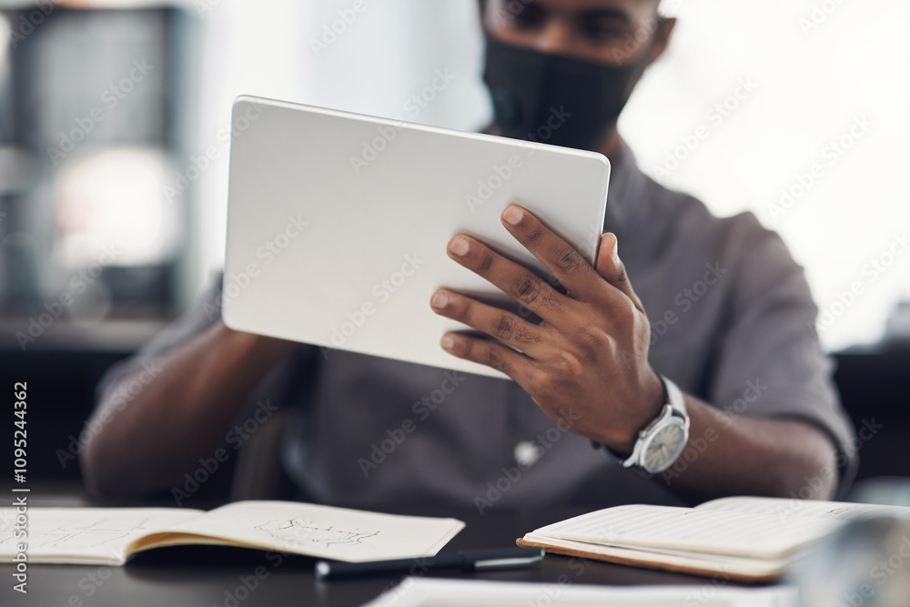 Poster office, hands and man with tablet for research, review information and business for digital agency. 