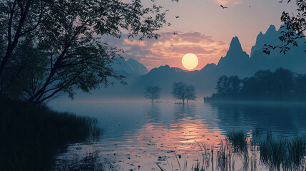 the cuntry, generative ai, landscape, architecture, curtoone, chasny house, background, art nouveau, city, skyline, skyscraper, building, water, lake, nature, autumn, river, sky, tree, reflection,