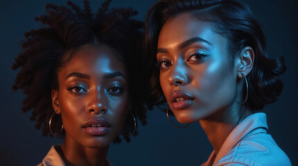 Naklejka premium Beautiful African American women in artistic portrait with dramatic blue and orange lighting, natural afro hairstyle and sleek updo, wearing hoop earrings and minimal makeup