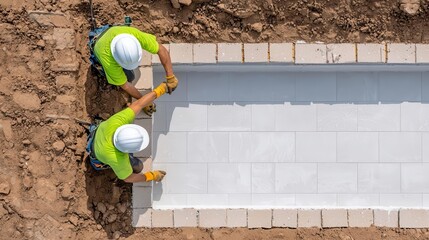 Partially built swimming pool with workers laying tiles, suburban home construction site, bright midday light