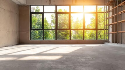 Indoor swimming pool under construction, concrete floor, scaffolding around, large windows with sunlight streaming in, modern building