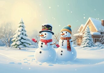Fototapeta premium Two snowmen stand in a snowy landscape in front of a cozy house, enjoying the winter wonderland