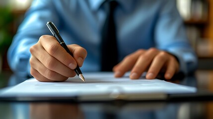Close up of hands holding a pen and writing on a ledger