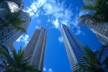 Urban Skyline Anonymous Man in Gray Suit, Palm Trees