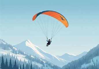 Paraglider soaring over a breathtaking winter mountain landscape, enjoying the freedom of flight amidst snowy peaks and forests