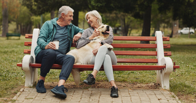 Dog, park and senior couple on bench, smile and conversation with animal lover. Outdoor, pet and happy old man with mature woman, bonding together and relationship with break, relax and retirement