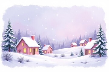 Peaceful winter village scene with snowy landscape and pine trees