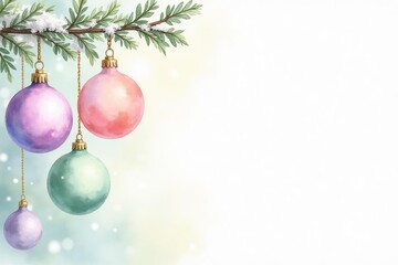 Festive christmas ornaments hanging from pine branch with copy space for holiday greetings