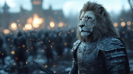 Majestic Lion in Armor Battle Scene Fantasy AI Art