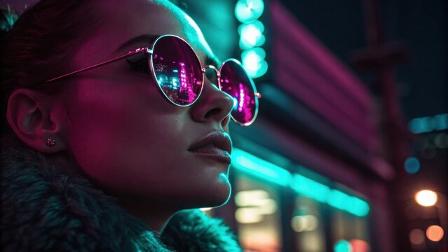 In a gl portrait a person dons oversized oval sunglasses that mirror the glowing neon colors from street lights at night. The rich tones of magenta and teal in the reflections