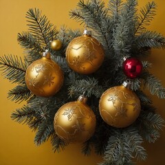 Yellow background with four golden ornaments, fir twigs and pine cones with copy space