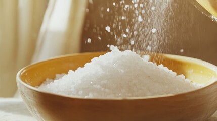Large sea salt crystals pouring into wooden bowl with copy space for culinary design