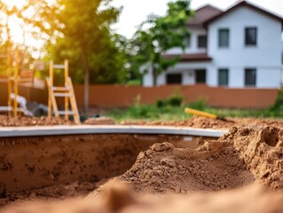 Backyard pool under construction, foundation being laid, construction materials scattered around, peaceful suburban street, soft afternoon light