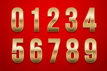 Golden metal numbers isolated on red background. Collection of birthday 3D gold numbers from 0 to 9. Luxury bright metallic font. Vector design elements for party, holiday, sale, promotion, postcard.