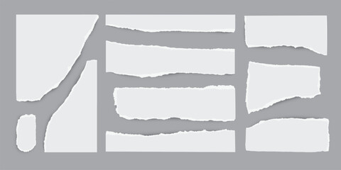 Torn white paper sheets set with ripped edges on gray background. Scrapbook edge, notebook tear, blank page split vector collection. Damaged letter, document mockup, newspaper cutout.