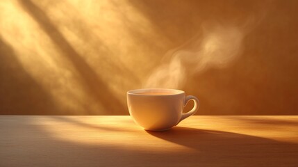 Obraz premium Warm morning sunlight illuminates a steaming cup of coffee on a wooden table.