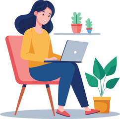 a girl is using his laptop vector