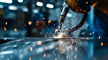 Welder in a workshop using a welding machine on a car part vibrant orange sparks and scattered tools in the background