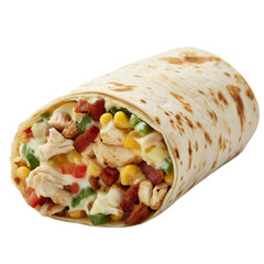 Delicious chicken burrito with bacon, cheese, vegetables, and corn on transparent background