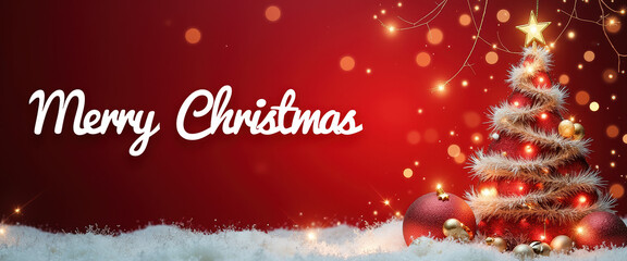 Merry Christmas banner design with festive decorations, warm lights, and a joyful atmosphere.