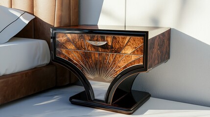 Elegant art deco nightstand with sunburst design in modern bedroom setting