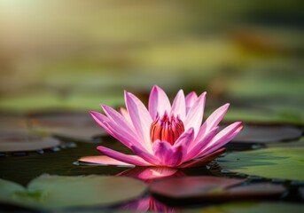 Pink water lily flower blooming serenely in a pond surrounded by green leaves, creating a peaceful and natural scene