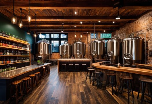 colorful craft brewery setup highlighting diverse beer brewing creative spaces beverage enthusiasts, amber, artistic, atmosphere, bar, barley, bottle, bubbly